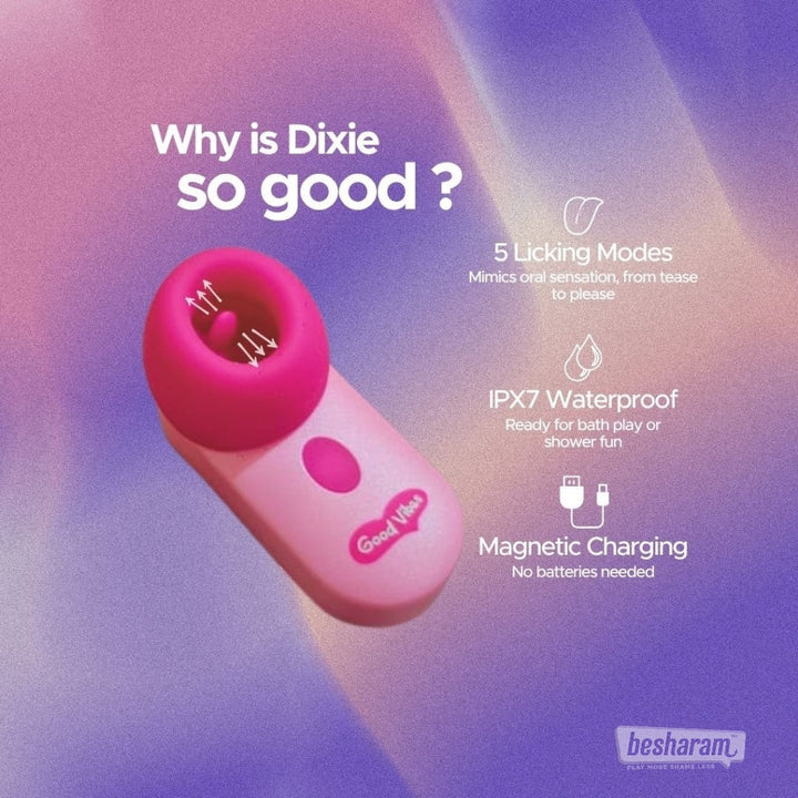Dixie Gen Z Flicking Massager feature highlights with licking modes, waterproof design, and magnetic charging