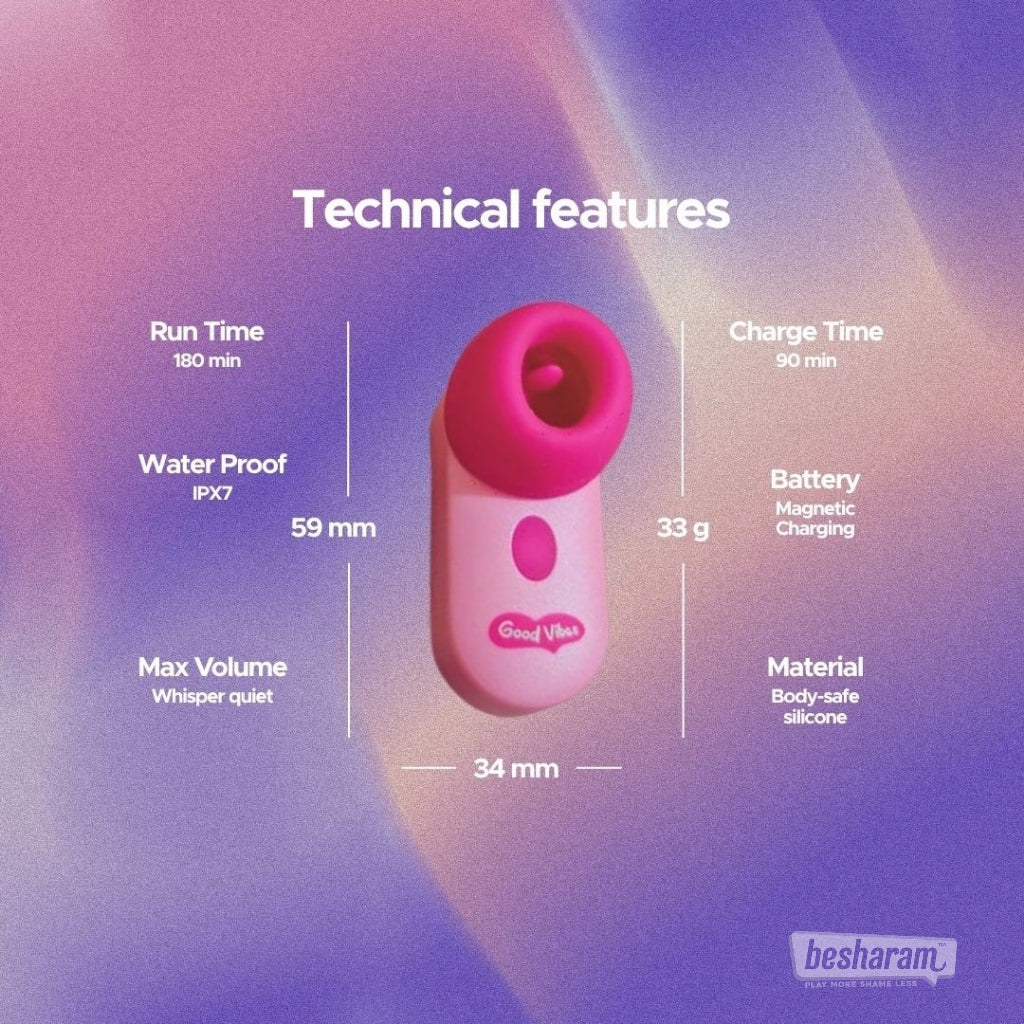 Dixie Gen Z Flicking Massager technical features with size, runtime, charge time, waterproof rating, and material