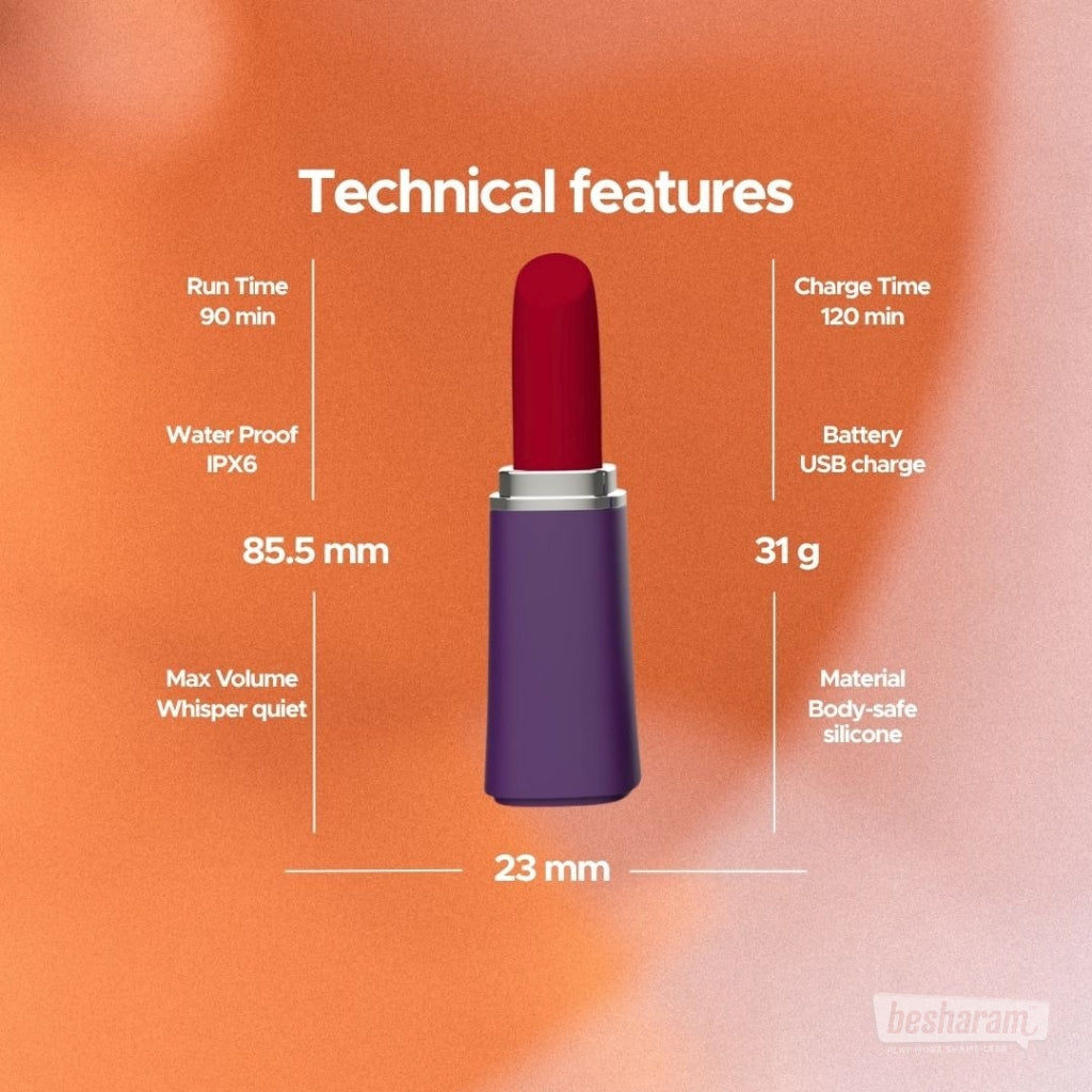 Lipstick Vibe 2.0 technical features with size, runtime, charge time, waterproof rating, weight, and material